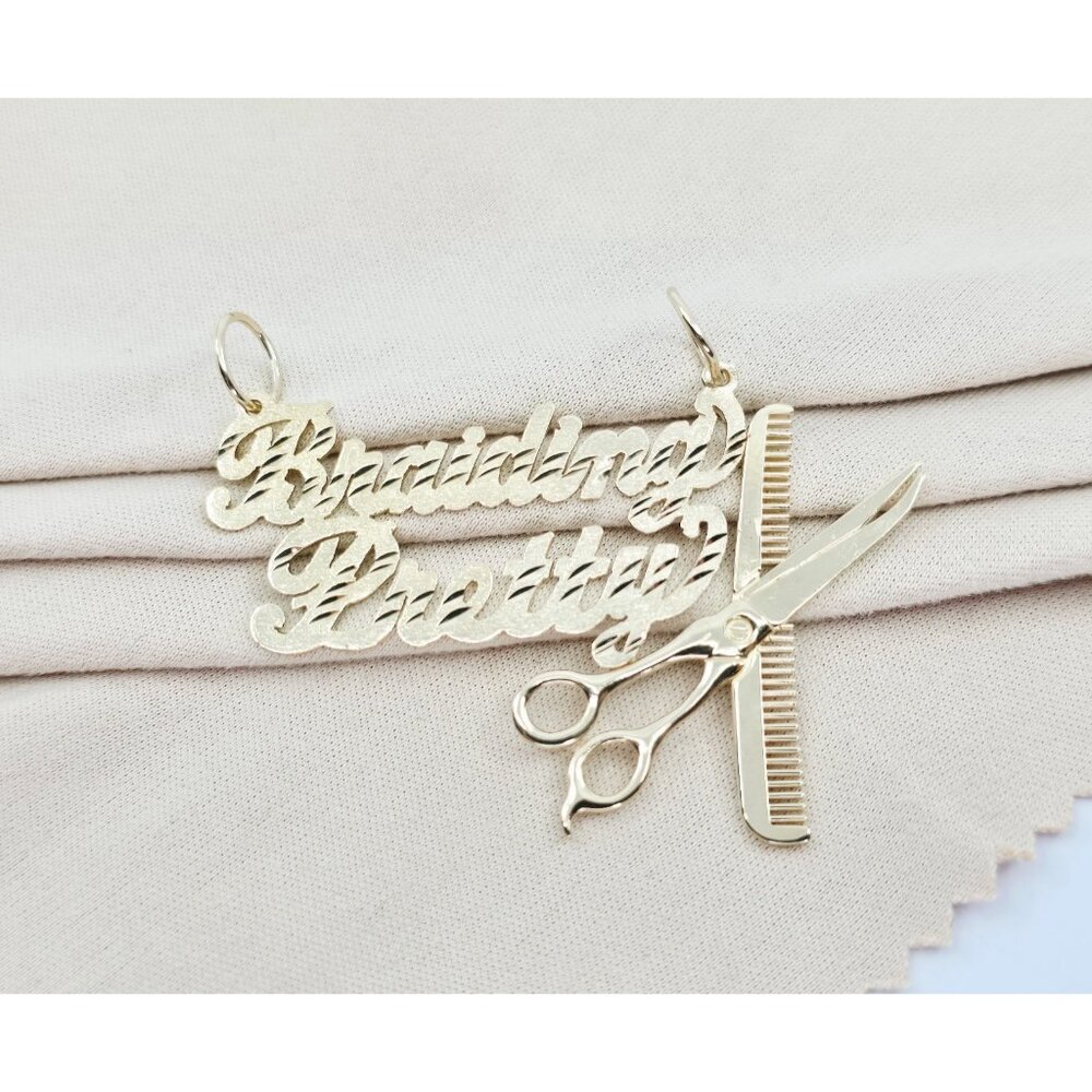 14K Yellow Gold Initial "Braiding Pretty" Cosmetology Hair Stylist Charm Pendant
